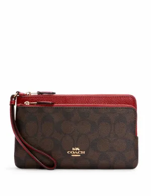 Coach Women's Brown & Red Double Zip Wallet In Signature Canvas
