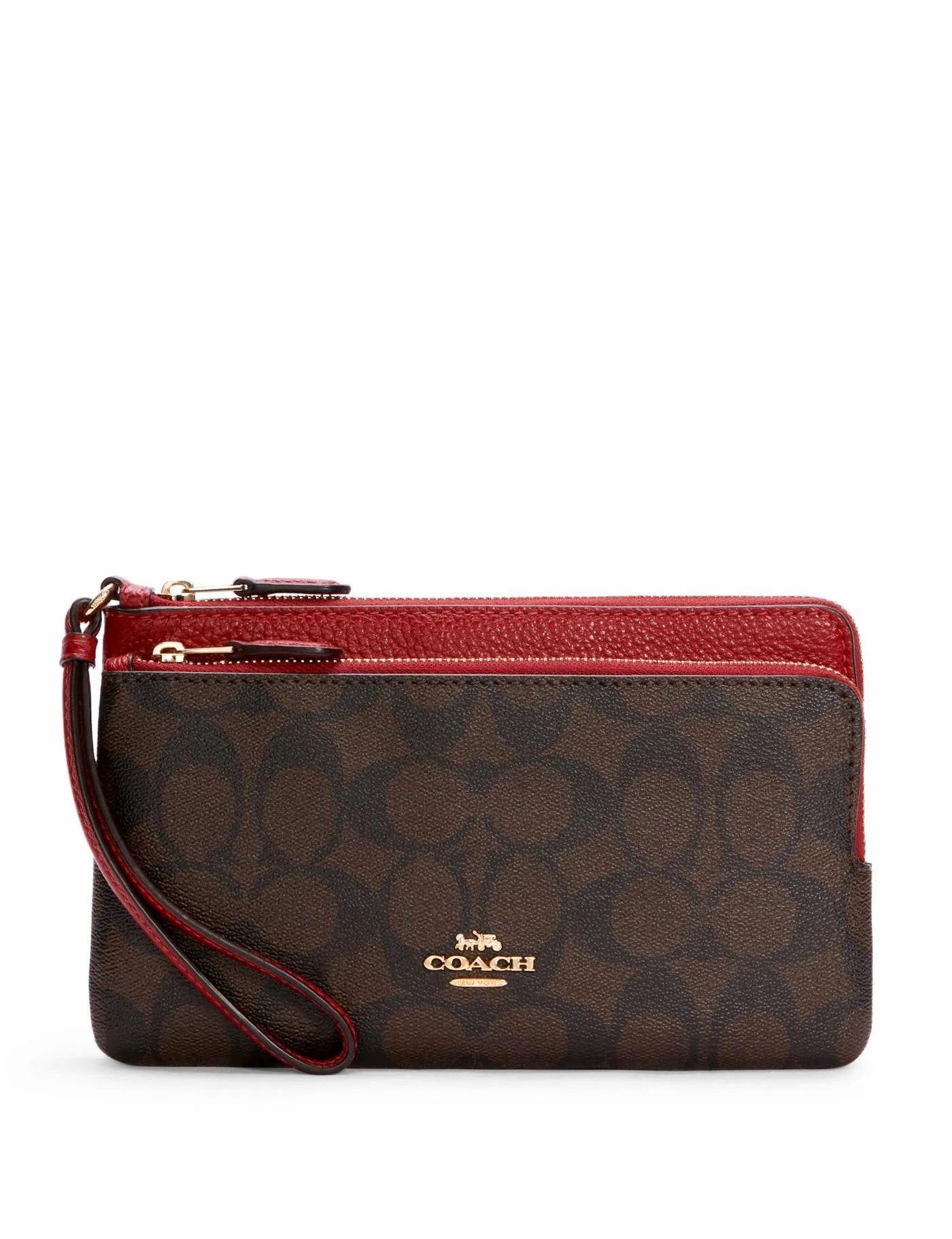 Coach Women's Brown & Red Double Zip Wallet In Signature Canvas