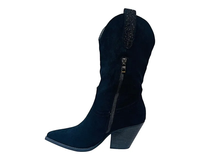 Faux Suede Western Cowboy Diamante Mid Calf Boots