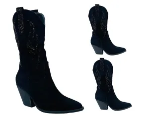 Faux Suede Western Cowboy Diamante Mid Calf Boots