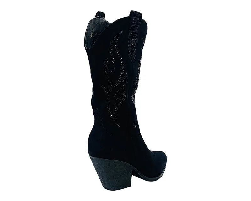 Faux Suede Western Cowboy Diamante Mid Calf Boots