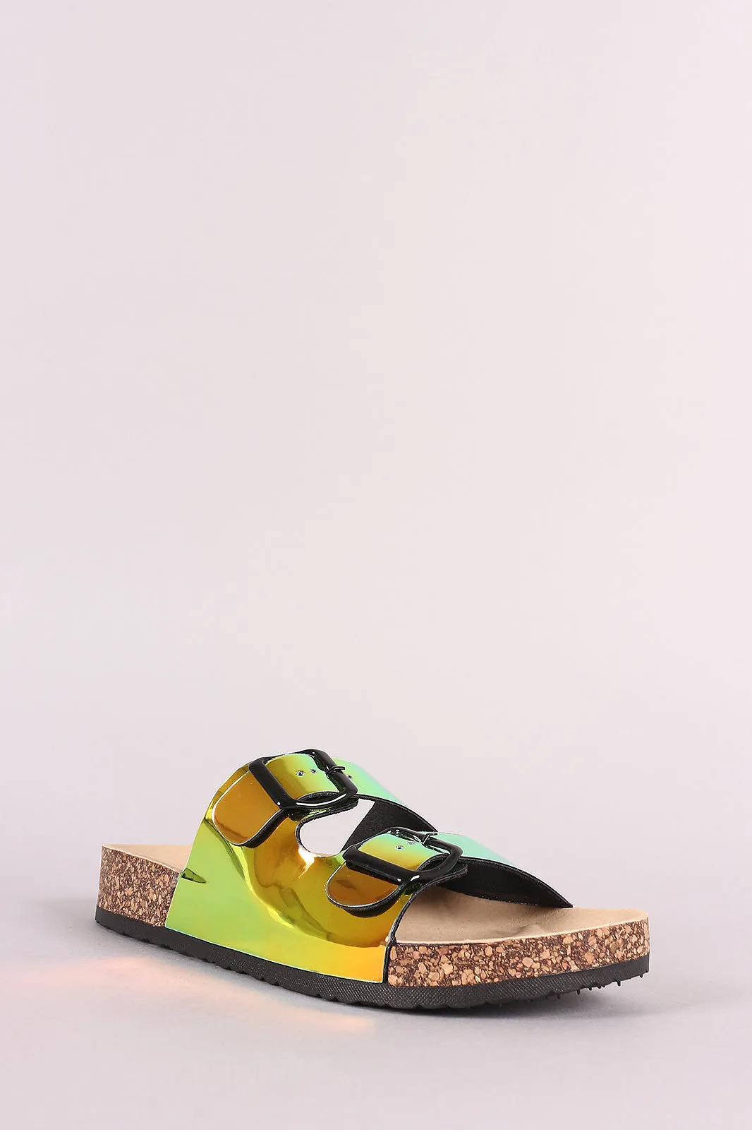 Holographic Double Buckled Slide Footbed Sandals