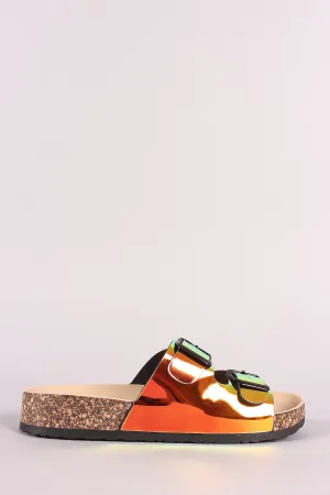 Holographic Double Buckled Slide Footbed Sandals