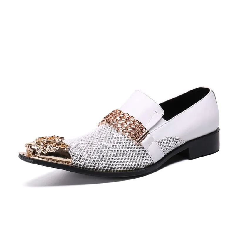Men's Luxury Pointed Toe White Leather Wedding Shoes in Gold and White