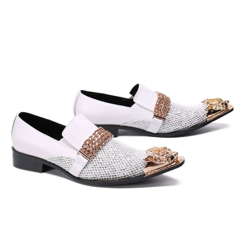 Men's Luxury Pointed Toe White Leather Wedding Shoes in Gold and White