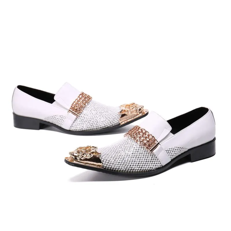 Men's Luxury Pointed Toe White Leather Wedding Shoes in Gold and White