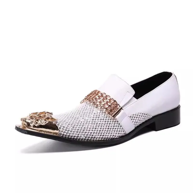 Men's Luxury Pointed Toe White Leather Wedding Shoes in Gold and White
