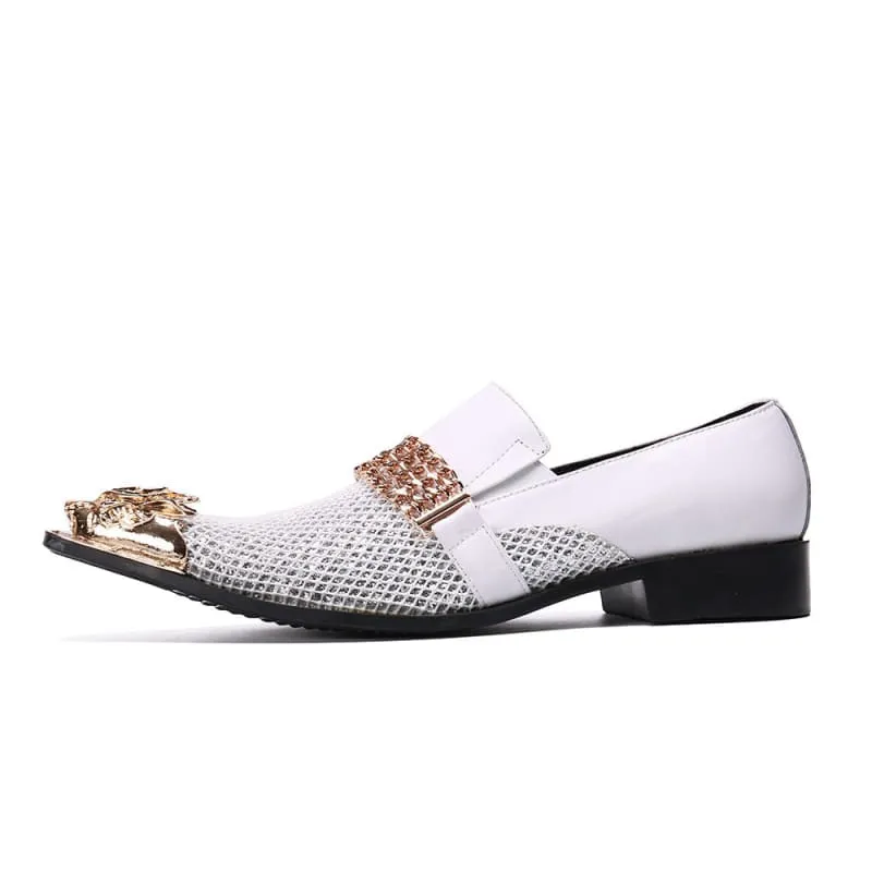 Men's Luxury Pointed Toe White Leather Wedding Shoes in Gold and White