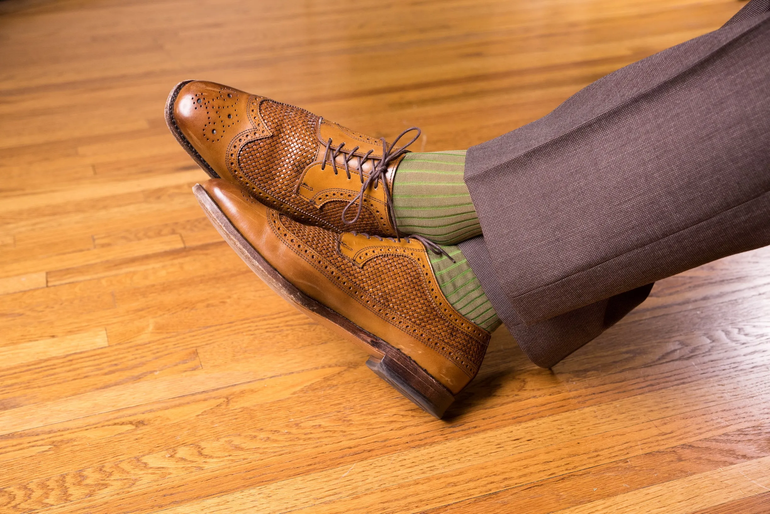 Mid Brown & Green Shadow Stripe Cotton Socks