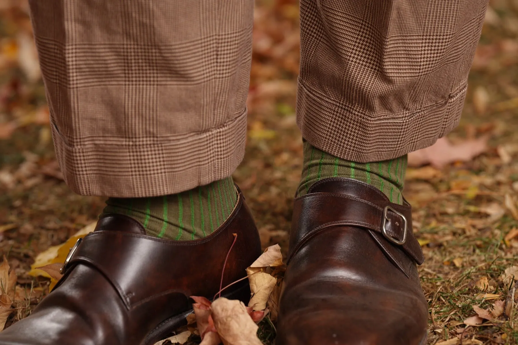 Mid Brown & Green Shadow Stripe Cotton Socks