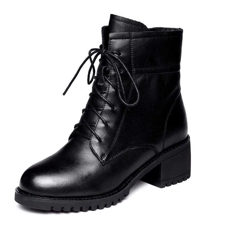 Soft Leather And Velvet British Style Thick Heel Short Boots All-match