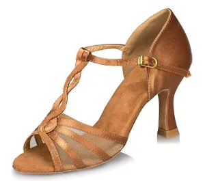 Tan Satin Mesh Ballroom Dance Shoes Latin Salsa Dance Shoes
