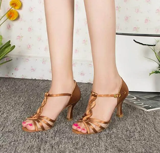 Tan Satin Mesh Ballroom Dance Shoes Latin Salsa Dance Shoes