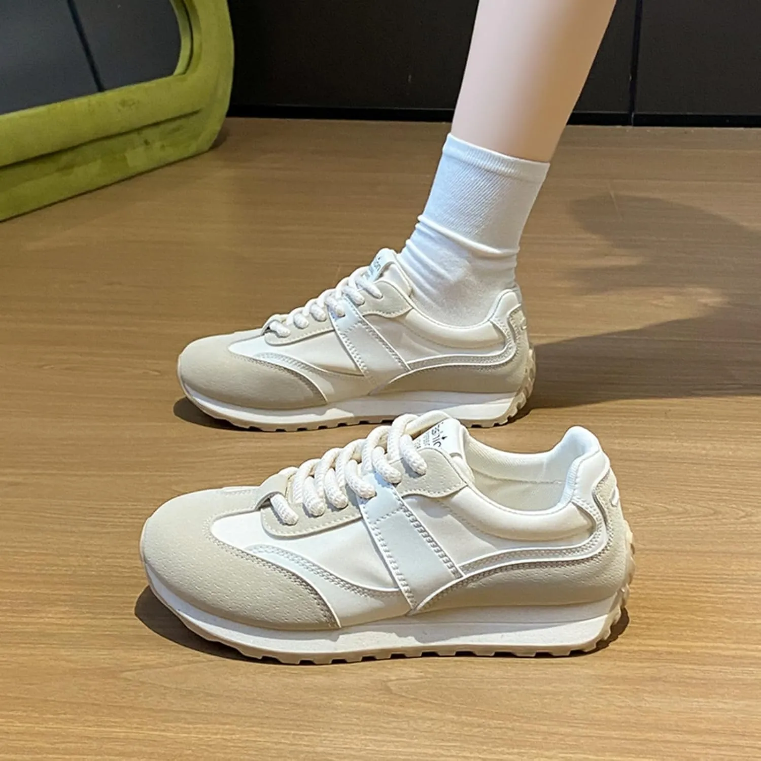 Womens Fashion Leather Lace Up Platform Sneakers Casual Non-Slip Round Toe Shock Absorbing Walking Workout Driving Shoes