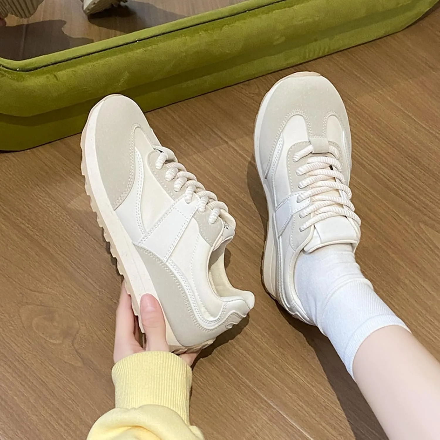 Womens Fashion Leather Lace Up Platform Sneakers Casual Non-Slip Round Toe Shock Absorbing Walking Workout Driving Shoes